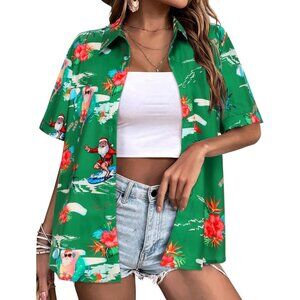 Women Green Christmas Hawaiian Button Down Shirts Short Sleeve Casual Floral